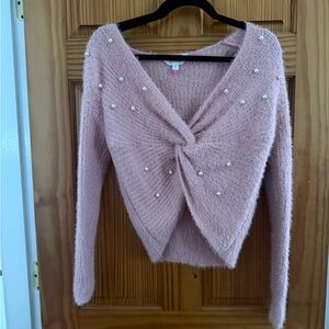 No Boundaries Pink Fuzzy Crop Top with Pearl Accents